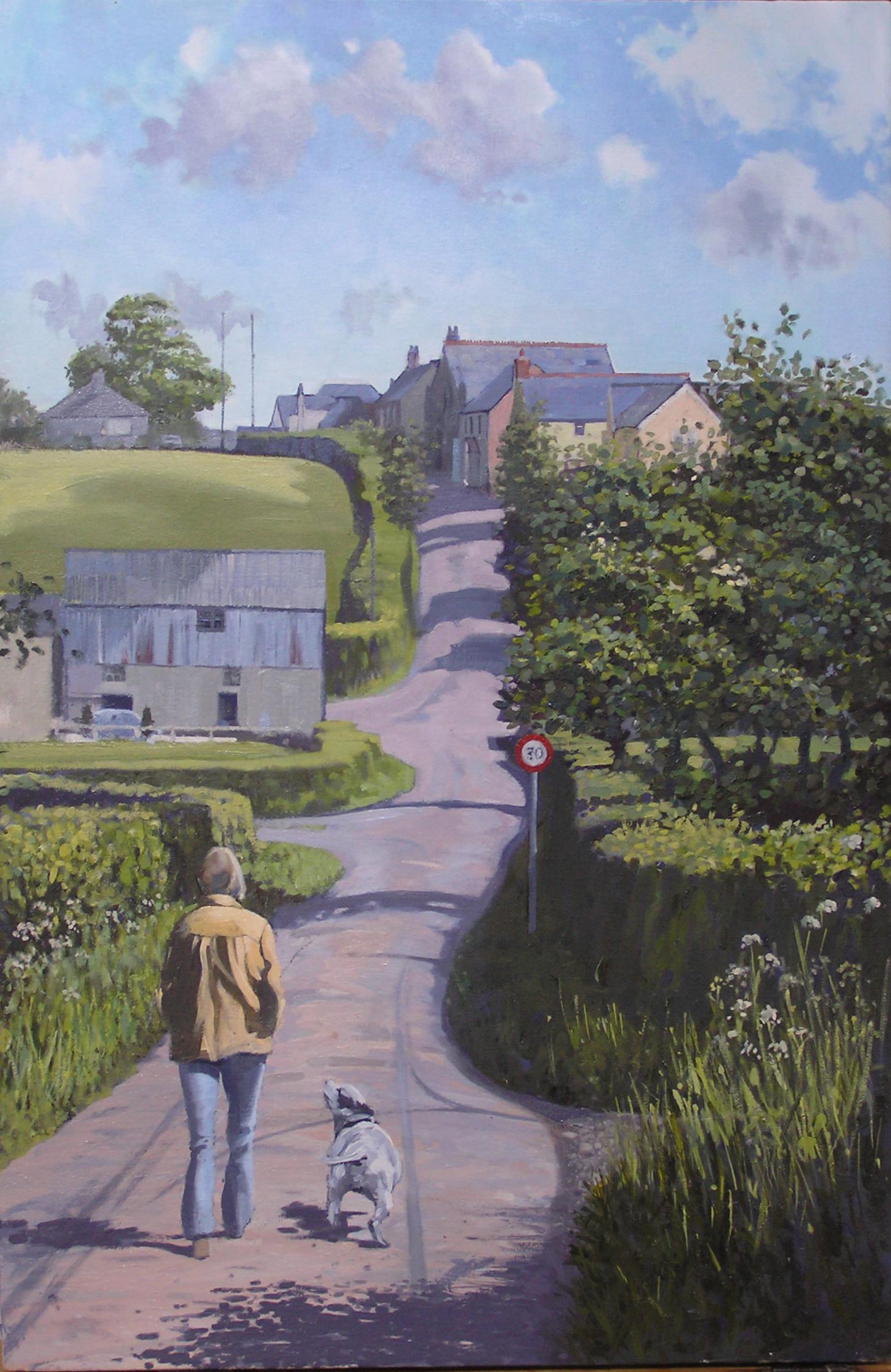 Figure with dog in Devon village landscape